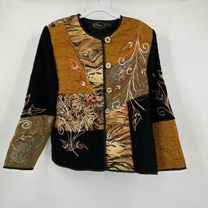 Womens‎ Patchwork Embroidered Jacket Size L Boho Eclectic Artsy Statement Coat